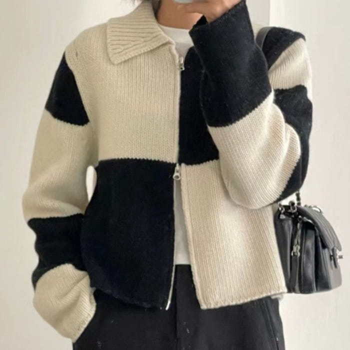 Double-Ended Zip Color Block Lattice Knit Cardigan