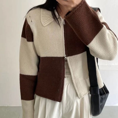 Double-Ended Zip Color Block Lattice Knit Cardigan