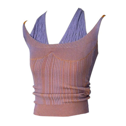 Double Layered Y2K Knit Halter Top - Free Size / Purple