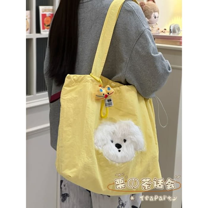 Drawstring Cartoon Applique Canvas Tote Bag - With Cat