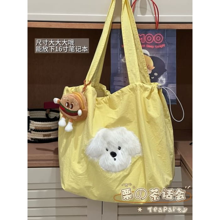 Drawstring Cartoon Applique Canvas Tote Bag