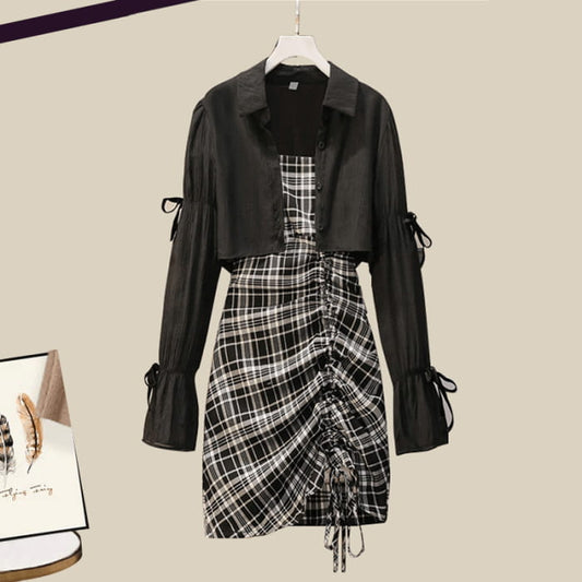 Drawstring Lattice Slip Dress Plus Size Set - Black / L