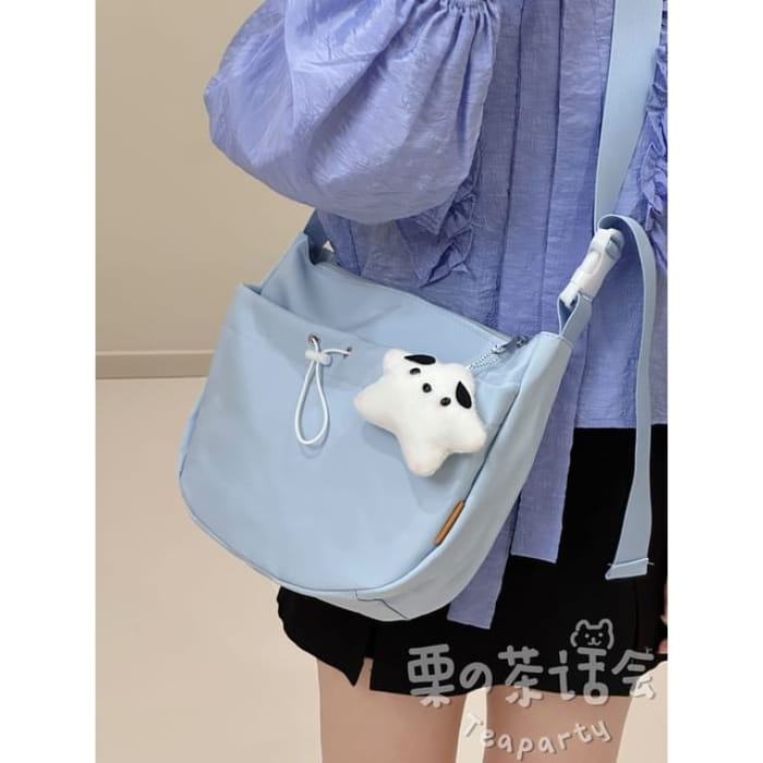 Drawstring Plain Hobo Bag / Charm / Set - With Star - Blue