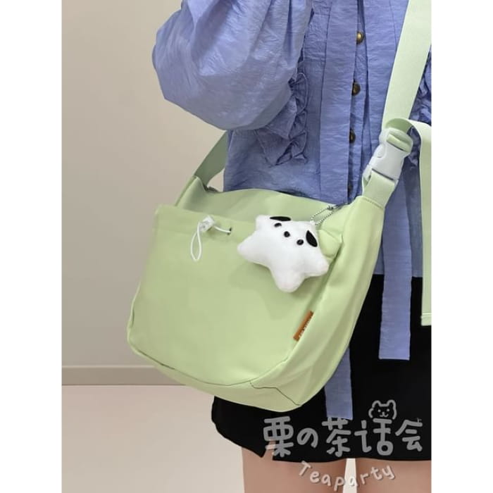 Drawstring Plain Hobo Bag / Charm / Set - With Star - Green