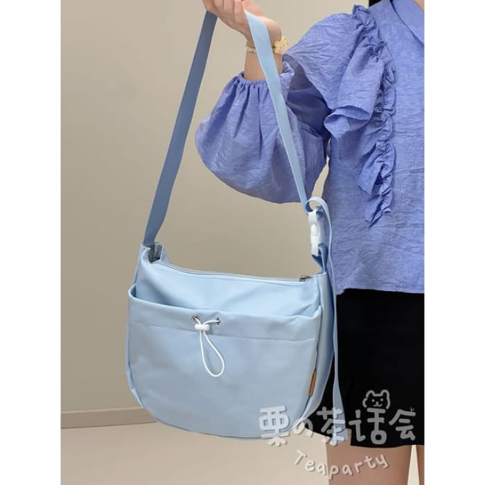 Drawstring Plain Hobo Bag / Charm / Set - Without - Blue