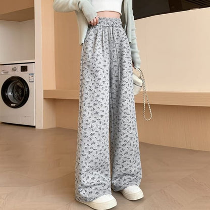 Drawstring Waist Floral Wide Leg Sweatpants - Gray / S