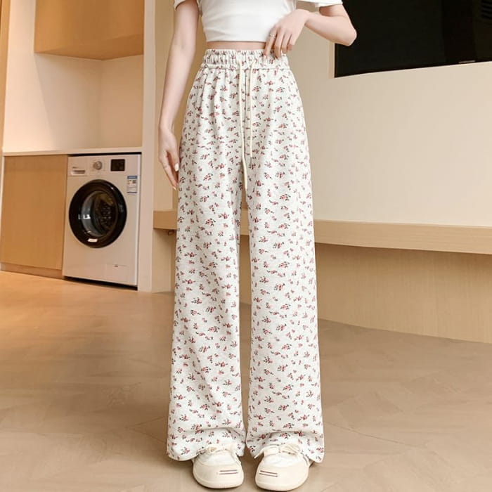 Drawstring Waist Floral Wide Leg Sweatpants - Pants