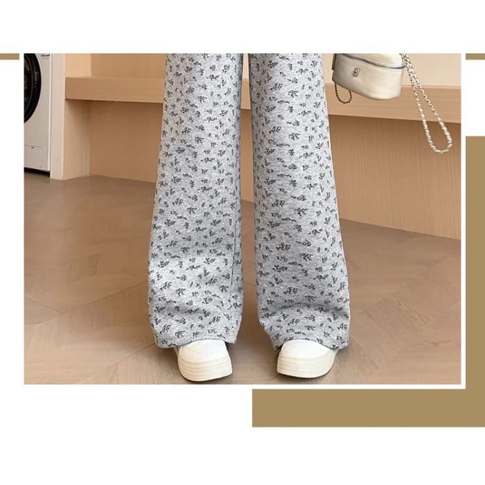 Drawstring Waist Floral Wide Leg Sweatpants - Pants