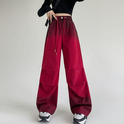 Drawstring Waist Gradient Wide Leg Pants - Red / S