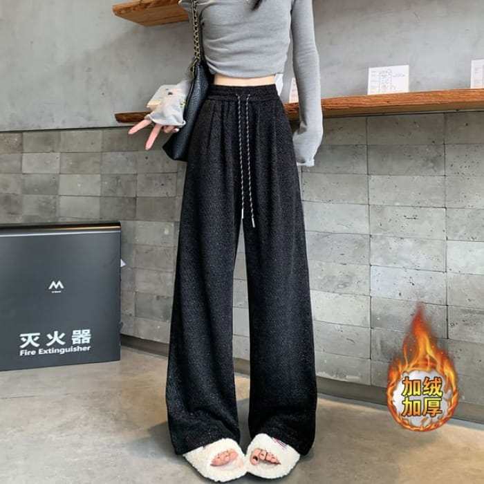 Drawstring Waist Patterned Fleece-Lined Wide Leg Pants