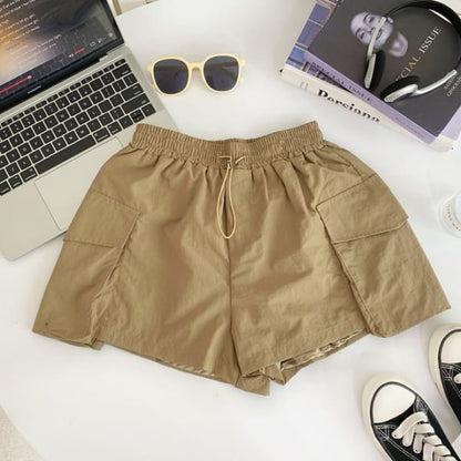 Drawstring Waist Plain Cargo Shorts - Coffee / S