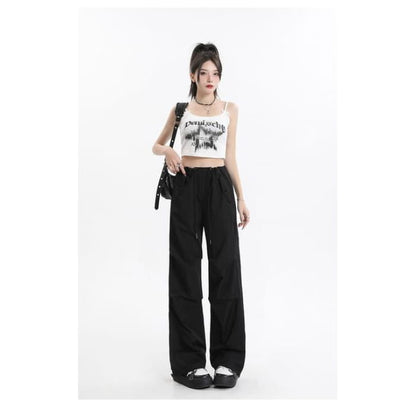 Drawstring Waist Plain Loose Fit Cargo Pants - Black / XS