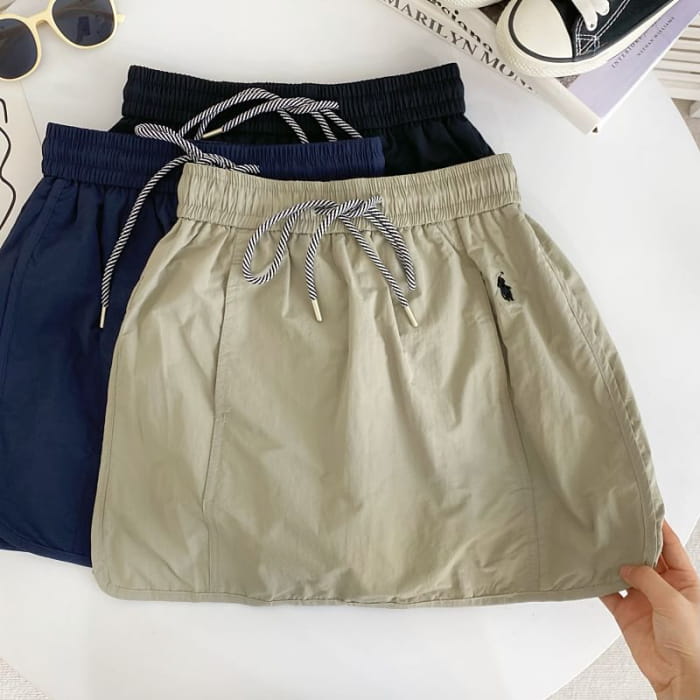 Drawstring Waist Plain Panel Mini A-Line Skirt