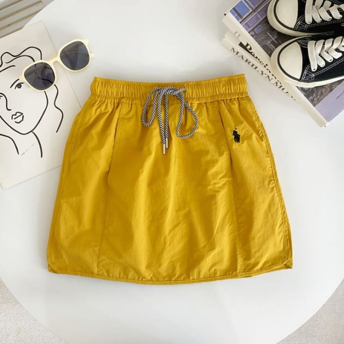 Drawstring Waist Plain Panel Mini A-Line Skirt - Yellow / S