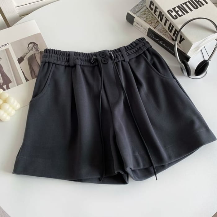 Drawstring Waist Plain Shorts - Dark Gray / S