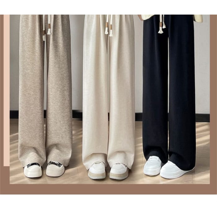 Drawstring Waist Plain Wide Leg Knit Pants