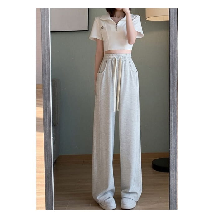 Drawstring Waist Plain Wide Leg Sweatpants