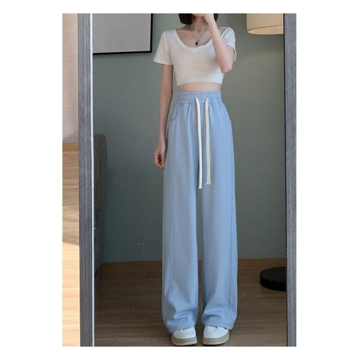 Drawstring Waist Plain Wide Leg Sweatpants