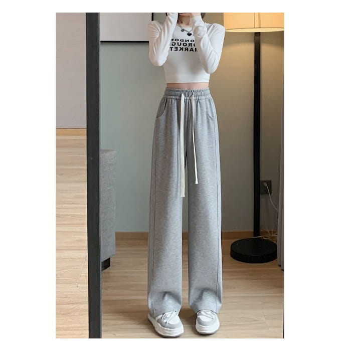 Drawstring Waist Plain Wide Leg Sweatpants