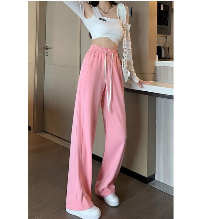 Drawstring Waist Plain Wide Leg Sweatpants