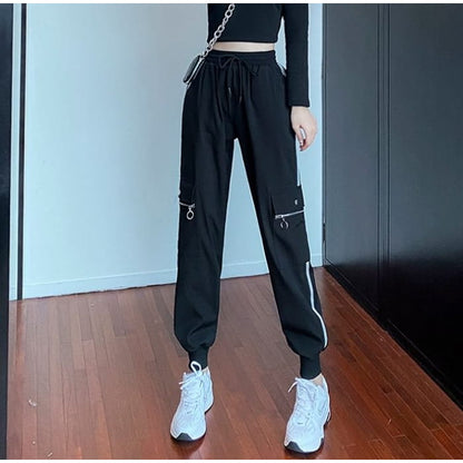 Drawstring Waist Striped Harem Cargo Pants