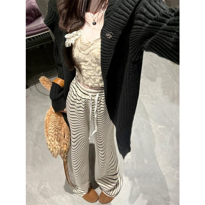 Drawstring Waist Striped Wide Leg Pants