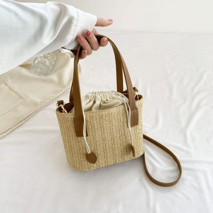 Drawstring Woven Bucket Bag - Brown / One Size