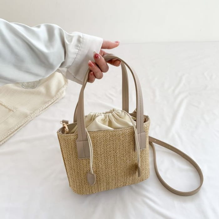 Drawstring Woven Bucket Bag - Khaki / One Size