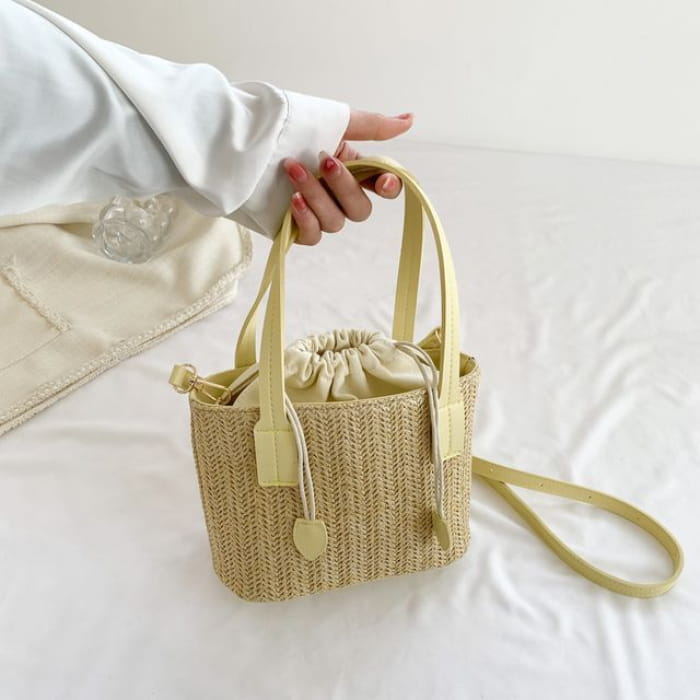 Drawstring Woven Bucket Bag - Yellow / One Size