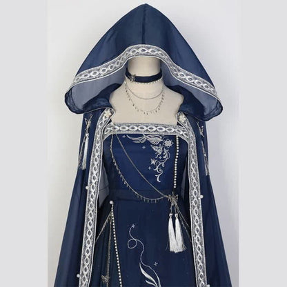 Dreamy Embroidery Butterfly Chain Slip Dress Hooded Cloak