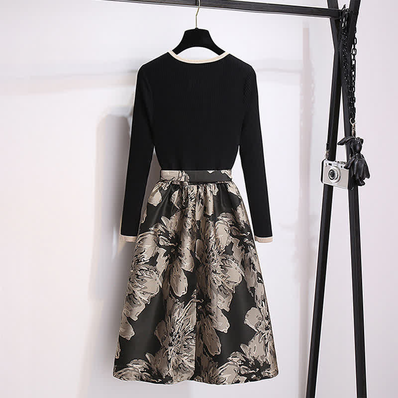 Vintage Black Blossom Print Solid Color Dress