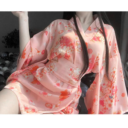 Sakura Floral Vintage Print Kimono Lingerie - Stockings