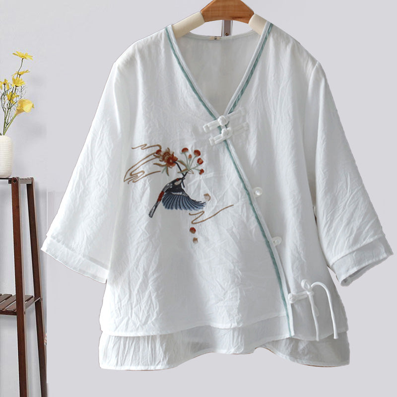 Vintage Bird Embroidery Buckle Shirt - White / One Size