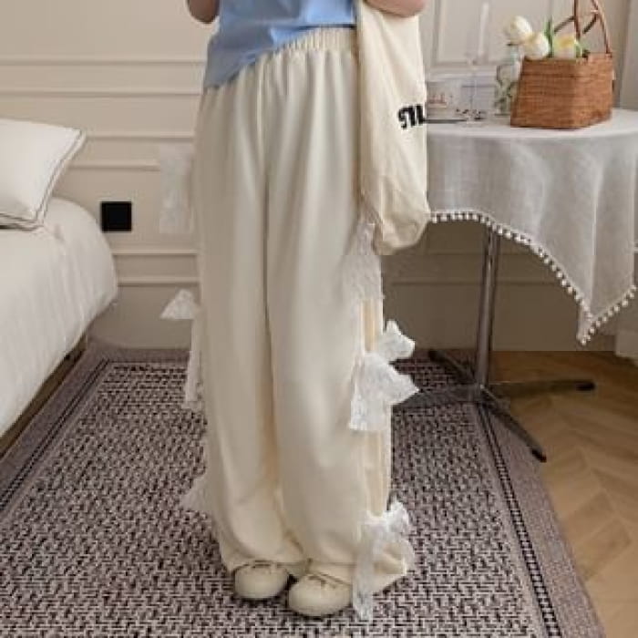 Elastic Waist Bow Wide Leg Sweatpants - Almond / One Size