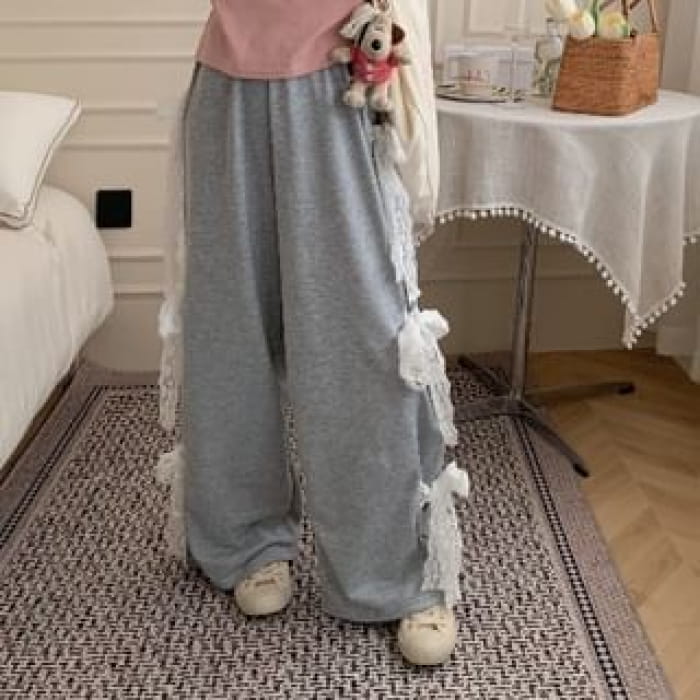 Elastic Waist Bow Wide Leg Sweatpants - Gray / One Size