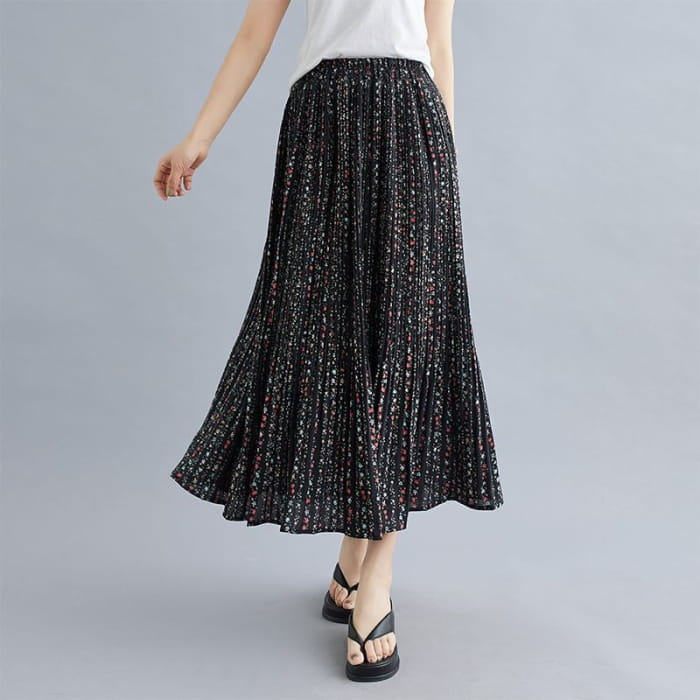 Elastic Waist Floral Print Accordion Pleated Maxi A-Line