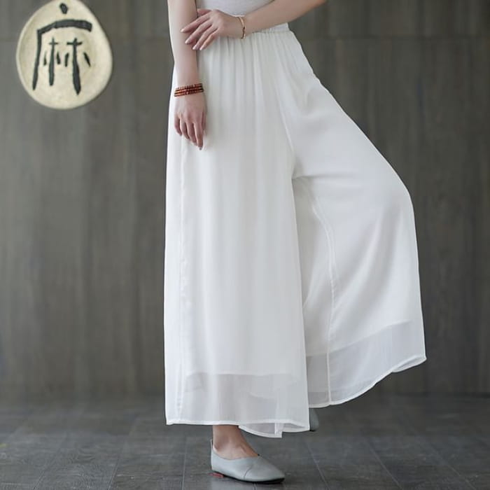 Elastic Waist Plain Culottes - White / S - Pants