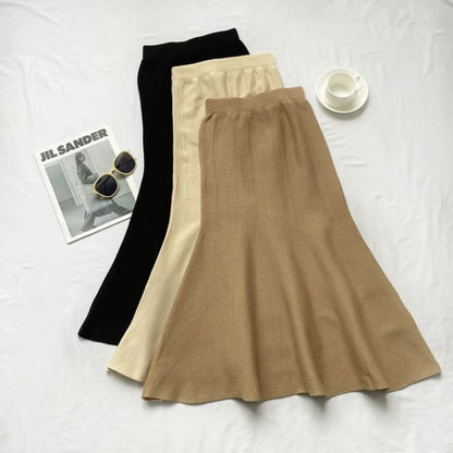 Elastic Waist Plain Midi Mermaid Knit Skirt