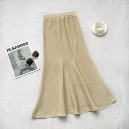 Elastic Waist Plain Midi Mermaid Knit Skirt - Almond