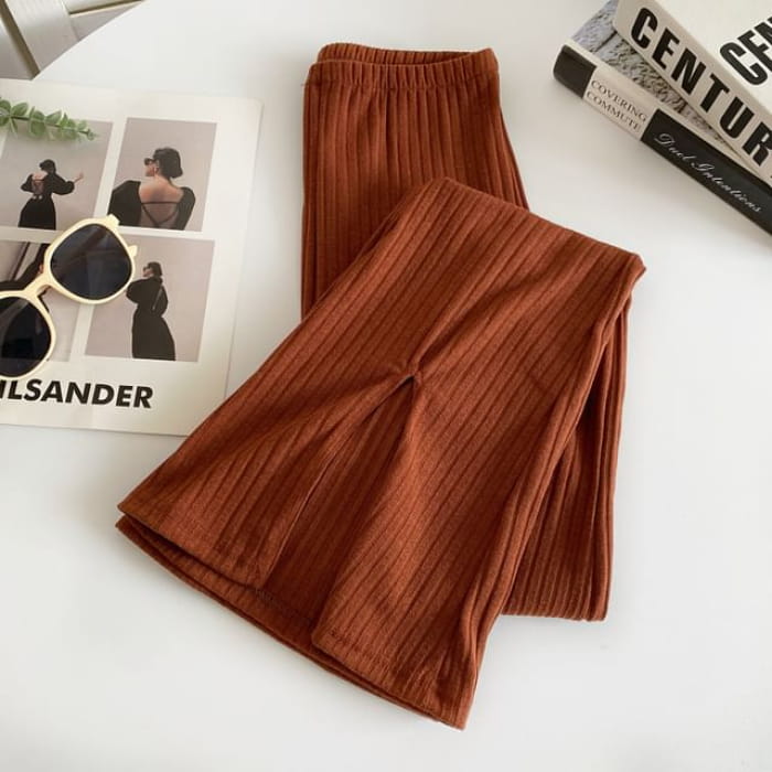 Elastic Waist Plain Slit Ribbed Flared Pants - Dark Brown