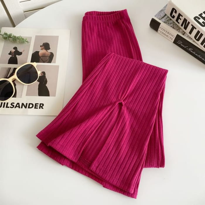 Elastic Waist Plain Slit Ribbed Flared Pants - Rose Pink