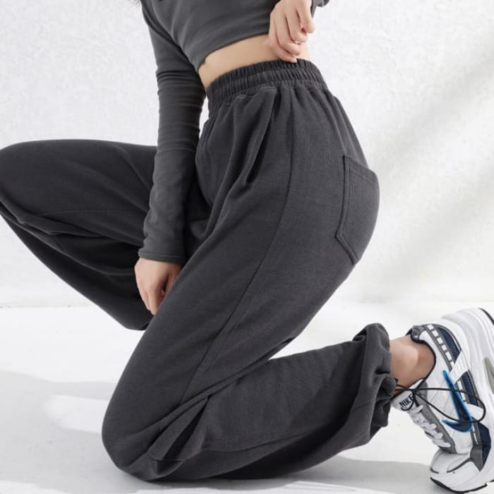 Elastic Waist Plain Sweatpants - Pants