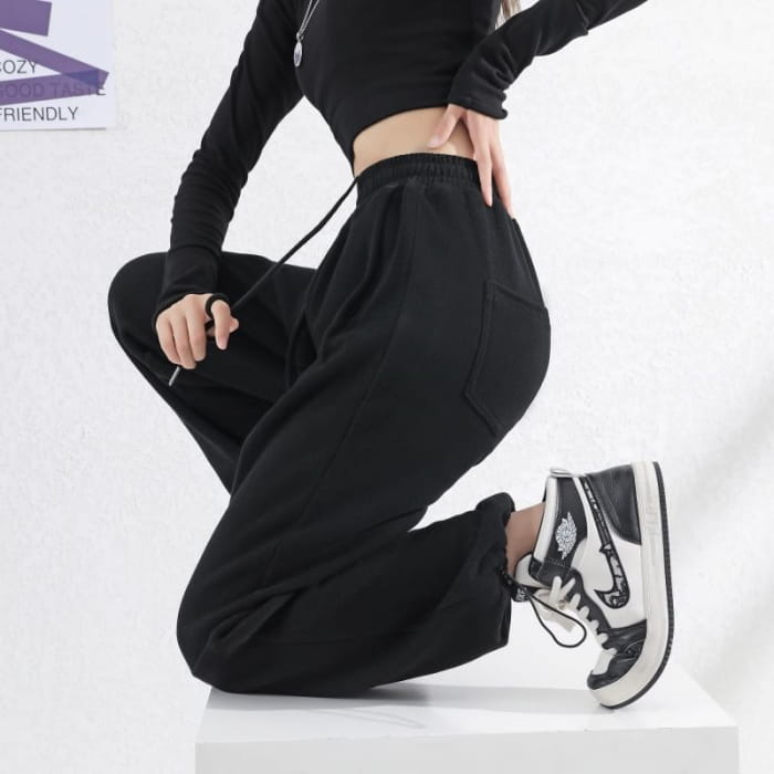 Elastic Waist Plain Sweatpants - Pants