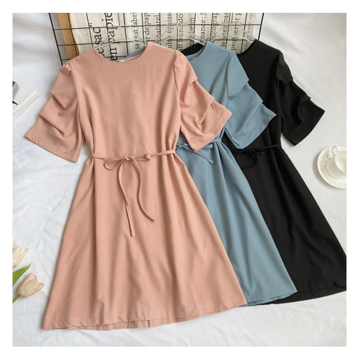 Elbow-Sleeve Crewneck Plain A-Line Dress