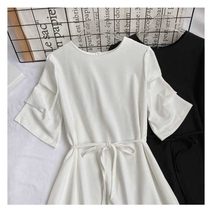 Elbow-Sleeve Crewneck Plain A-Line Dress