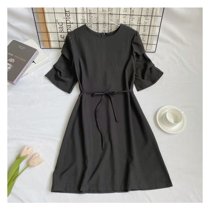 Elbow-Sleeve Crewneck Plain A-Line Dress