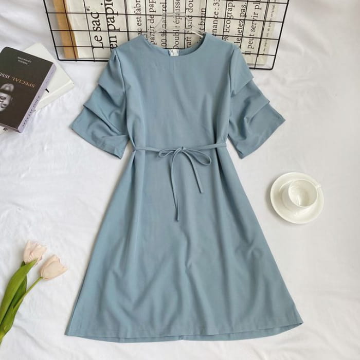 Elbow-Sleeve Crewneck Plain A-Line Dress - Light Blue