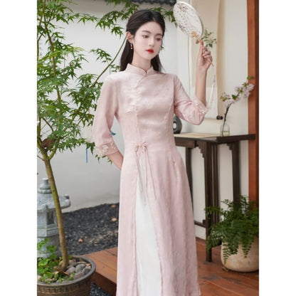 Elbow-Sleeve Floral Side-Slit Midi Hanfu Dress / High Waist