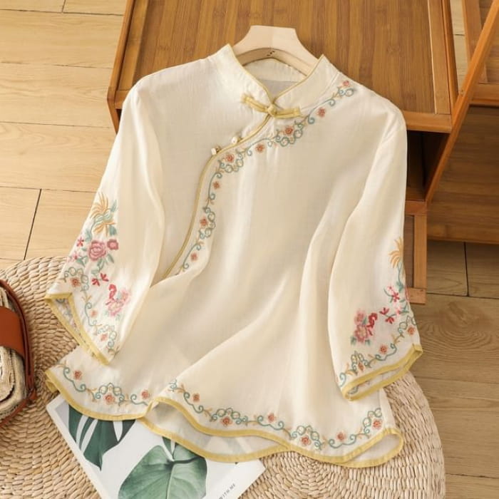 Elbow-Sleeve Flower Embroidered Blouse - Almond / M