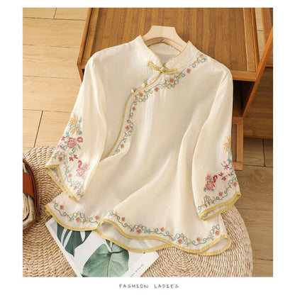 Elbow-Sleeve Flower Embroidered Blouse - Clothing